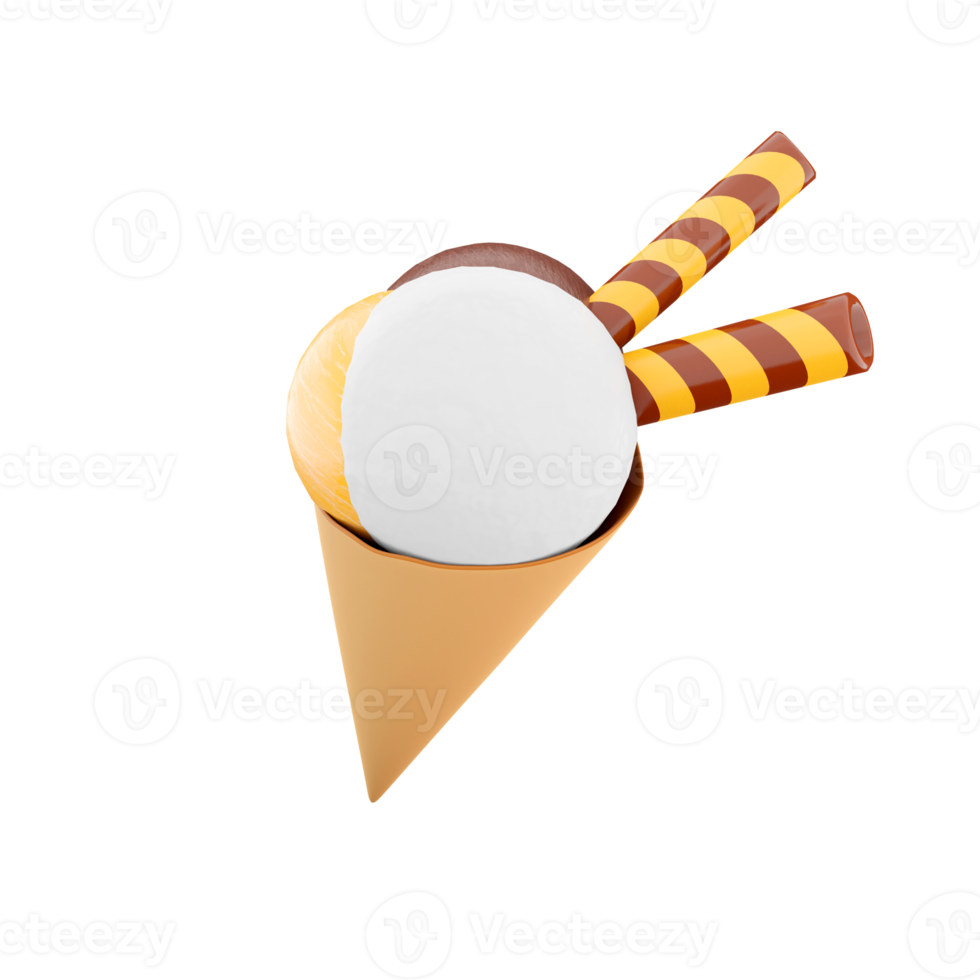 3d rendering ice cream with three scoops and a waffle cone icon. 3d render ice cream with chocolate, banana and milk flavor with two sticks icon. png