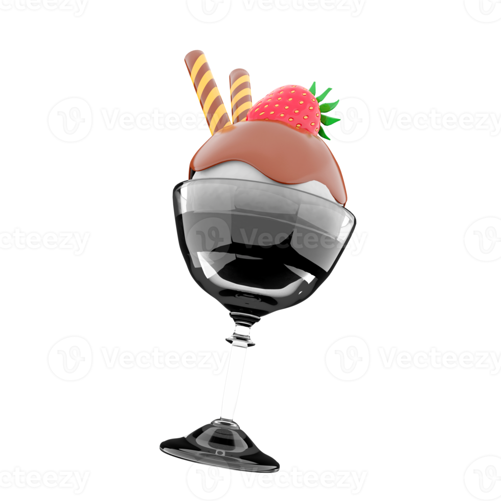 3d rendering ice cream scoop with chocolate topping and strawberries with sticks icon. 3d render ice cream in a glass with vanilla flavor icon. png