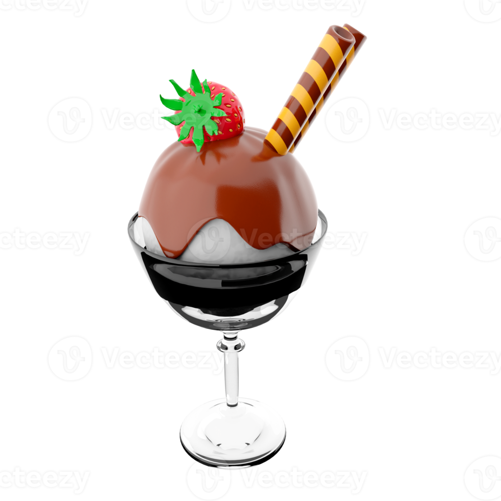 3d rendering ice cream scoop with chocolate topping and strawberries with sticks icon. 3d render ice cream in a glass with vanilla flavor icon. png