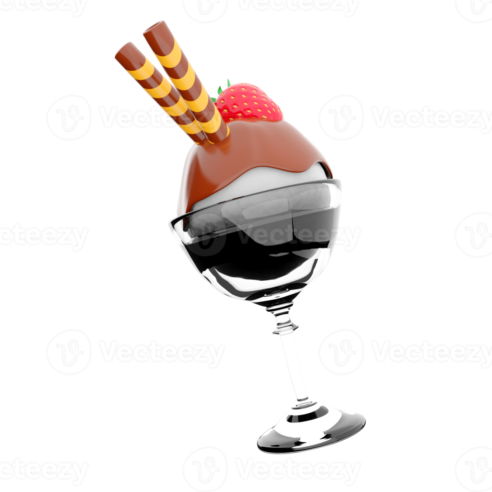 3d rendering ice cream scoop with chocolate topping and strawberries with sticks icon. 3d render ice cream in a glass with vanilla flavor icon. png