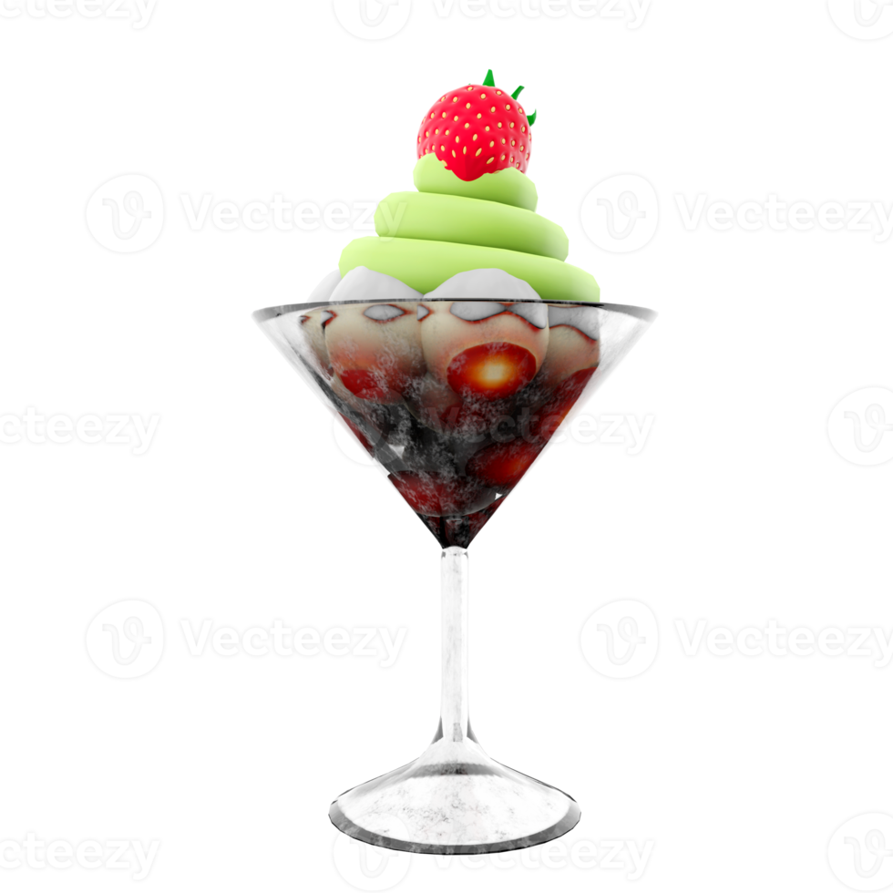 3d rendering ice cream in a glass icon. 3d render apple ice cream with strawberries icon. png