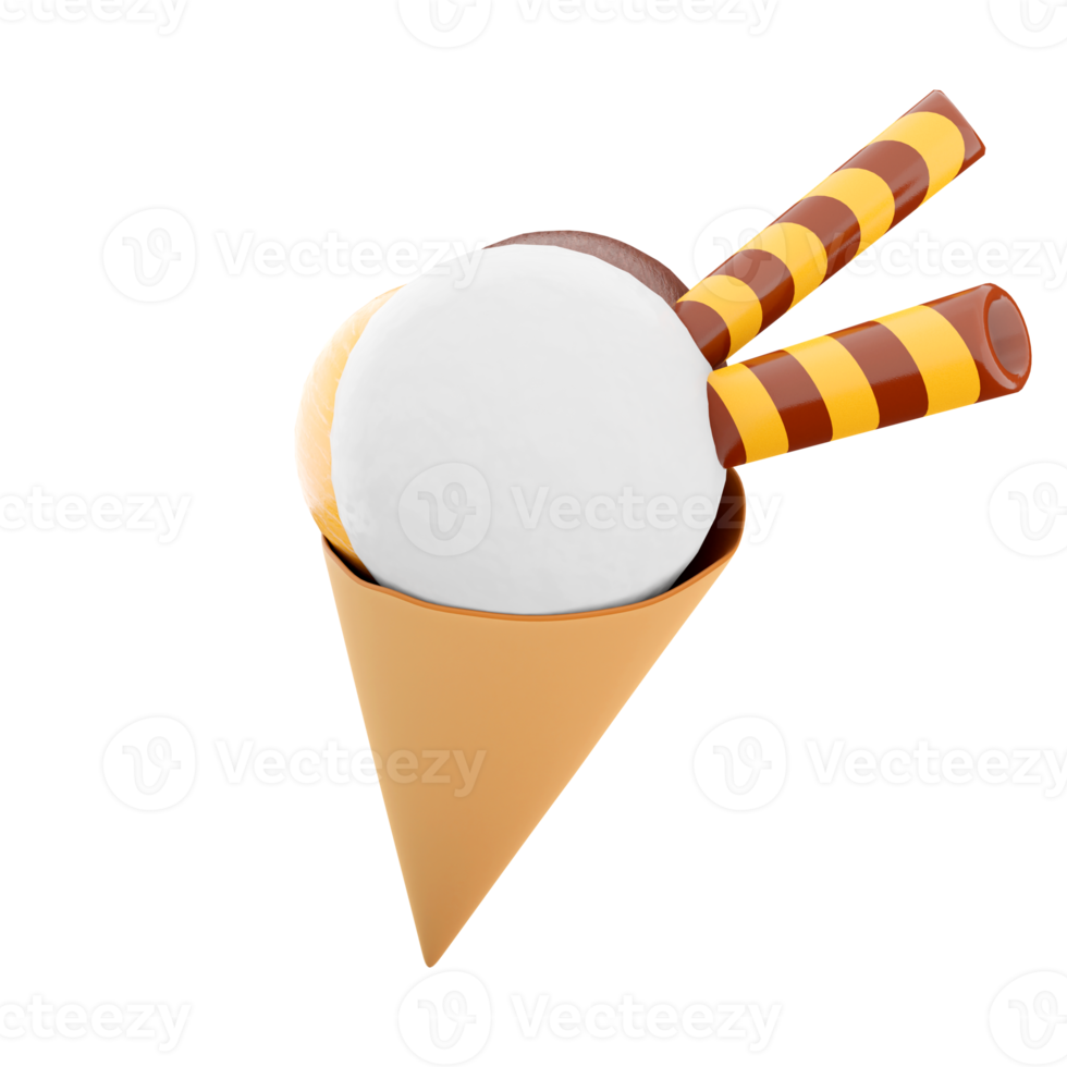 3d rendering ice cream with three scoops and a waffle cone icon. 3d render ice cream with chocolate, banana and milk flavor with two sticks icon. png