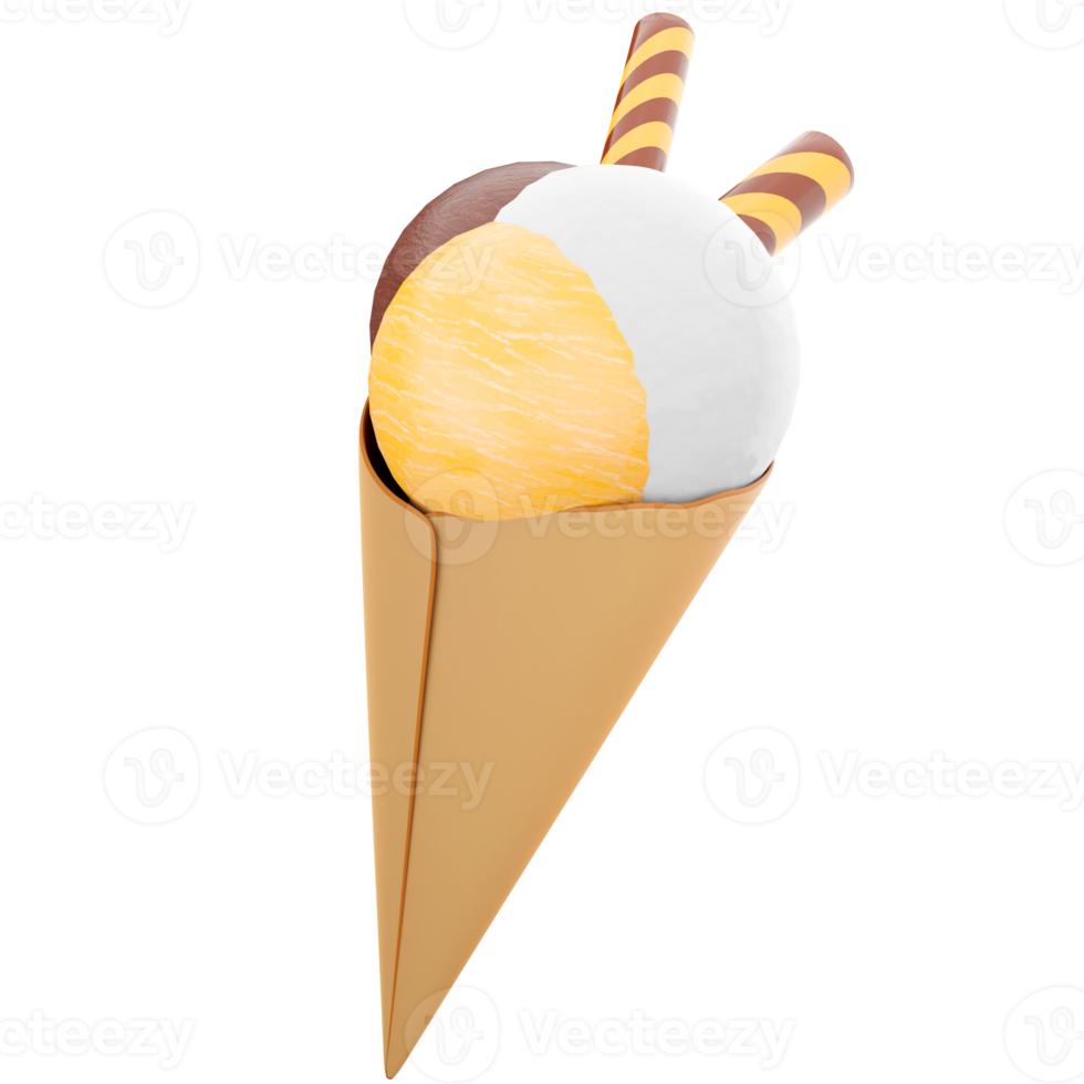 3d rendering ice cream with three scoops and a waffle cone icon. 3d render ice cream with chocolate, banana and milk flavor with two sticks icon. png