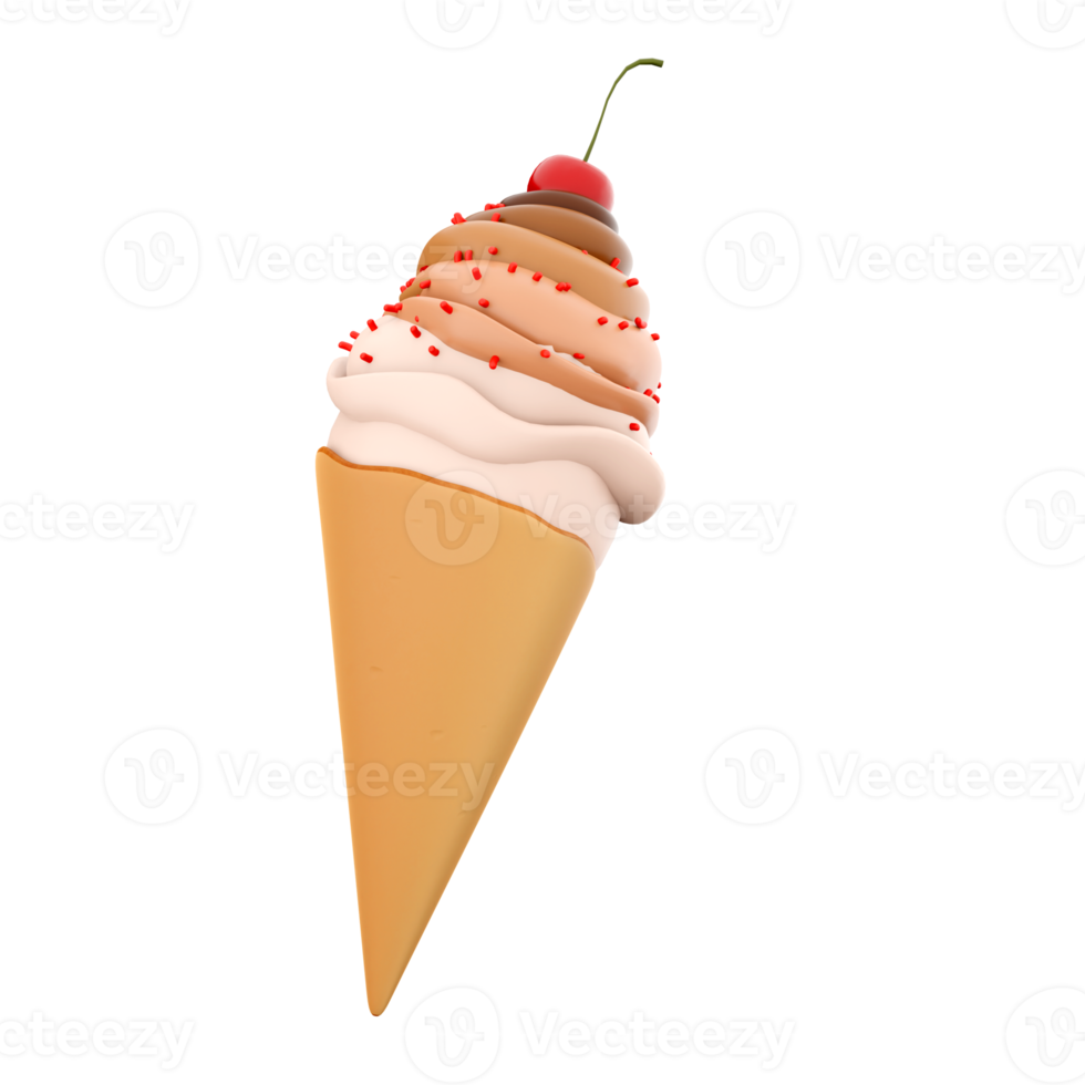 3d rendering cream ice cream with cherry icon. 3d render vanilla-chocolate-flavored ice cream with sprinkles icon. png