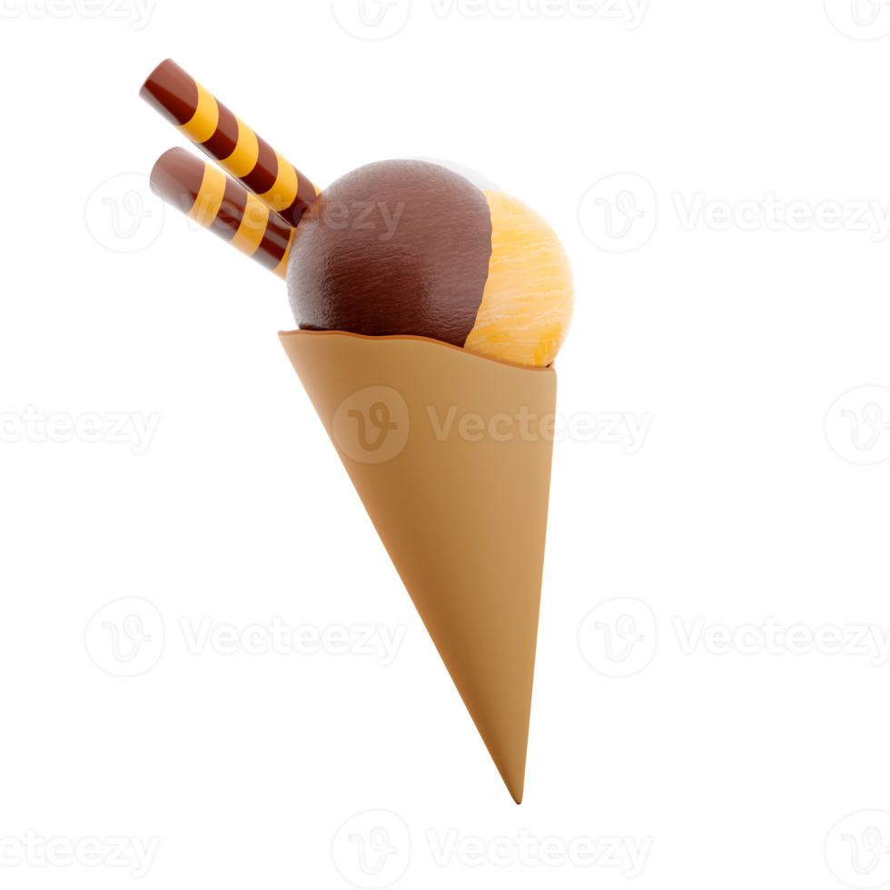 3d rendering ice cream with three scoops and a waffle cone icon. 3d render ice cream with chocolate, banana and milk flavor with two sticks icon. png