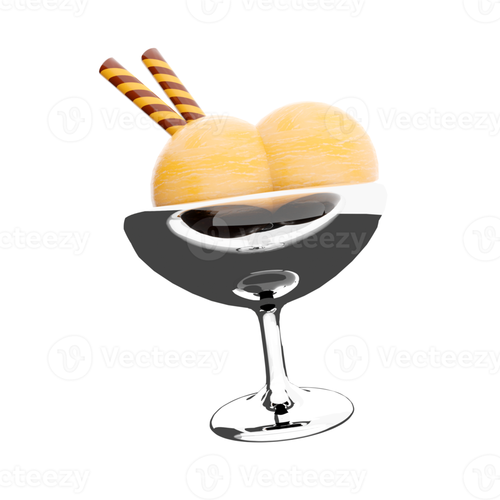 3d rendering four scoops of ice cream in a glass icon. 3d render vanilla ice cream with two waffle sticks icon. png