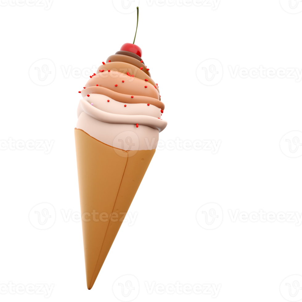 3d rendering cream ice cream with cherry icon. 3d render vanilla-chocolate-flavored ice cream with sprinkles icon. png