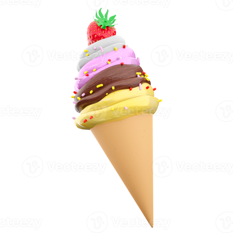 3d rendering cream ice cream with waffle peel and strawberries icon. 3d render Vanilla, chocolate, banana, strawberry flavored ice cream with powder icon. png