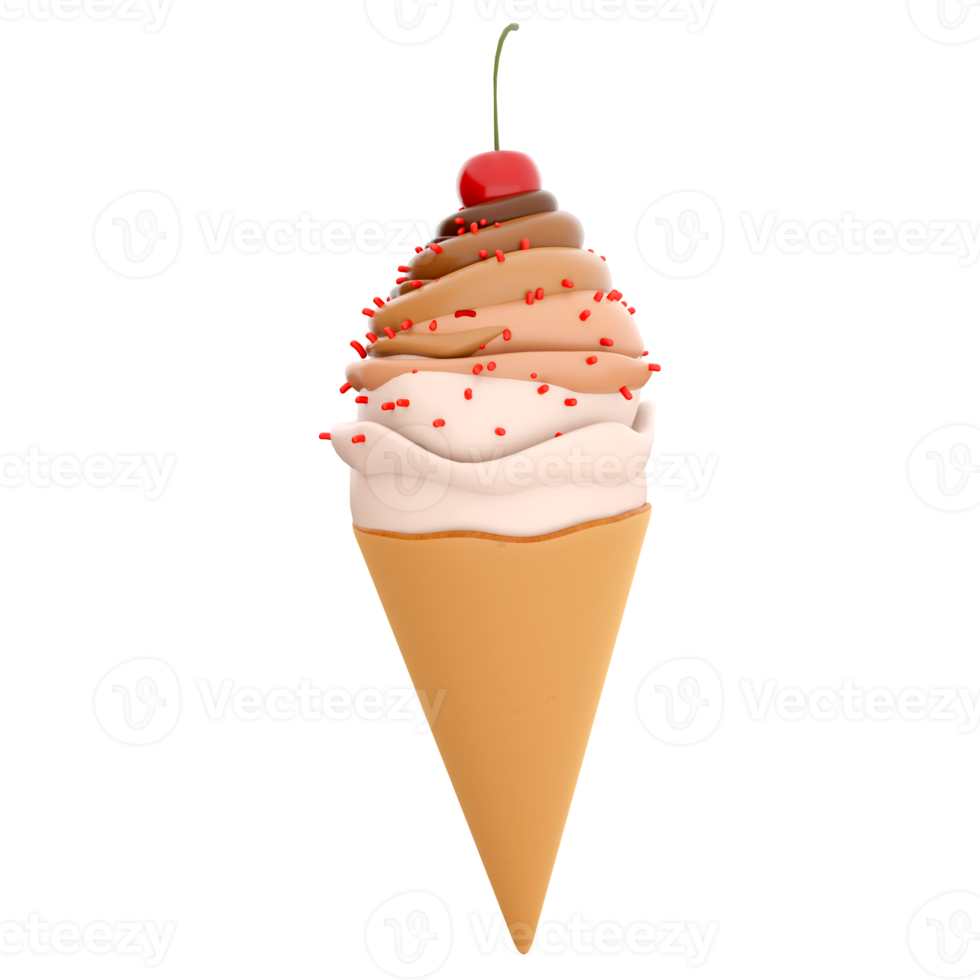 3d rendering cream ice cream with cherry icon. 3d render vanilla-chocolate-flavored ice cream with sprinkles icon. png