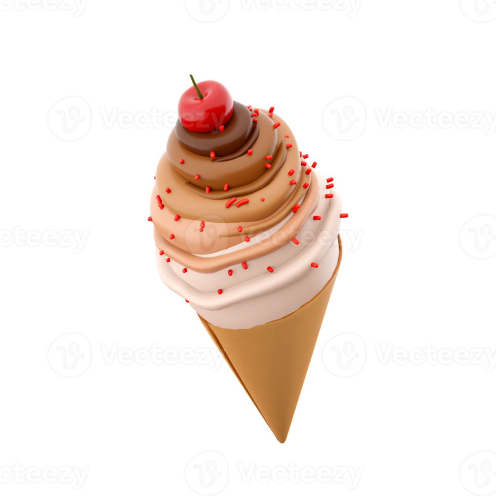 3d rendering cream ice cream with cherry icon. 3d render vanilla-chocolate-flavored ice cream with sprinkles icon. png