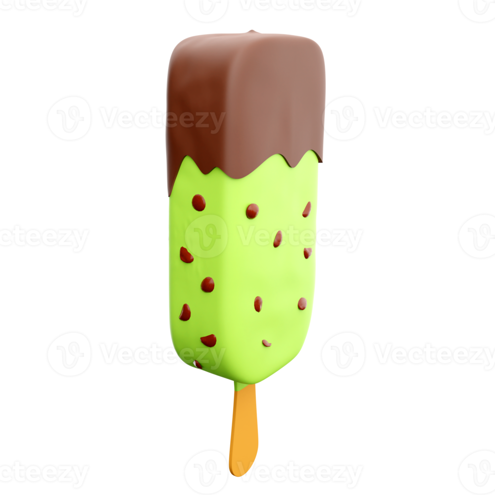 3d rendering summer dessert delicious ice cream icon. 3d render apple popsicle with chocolate filling and nuts icon. png