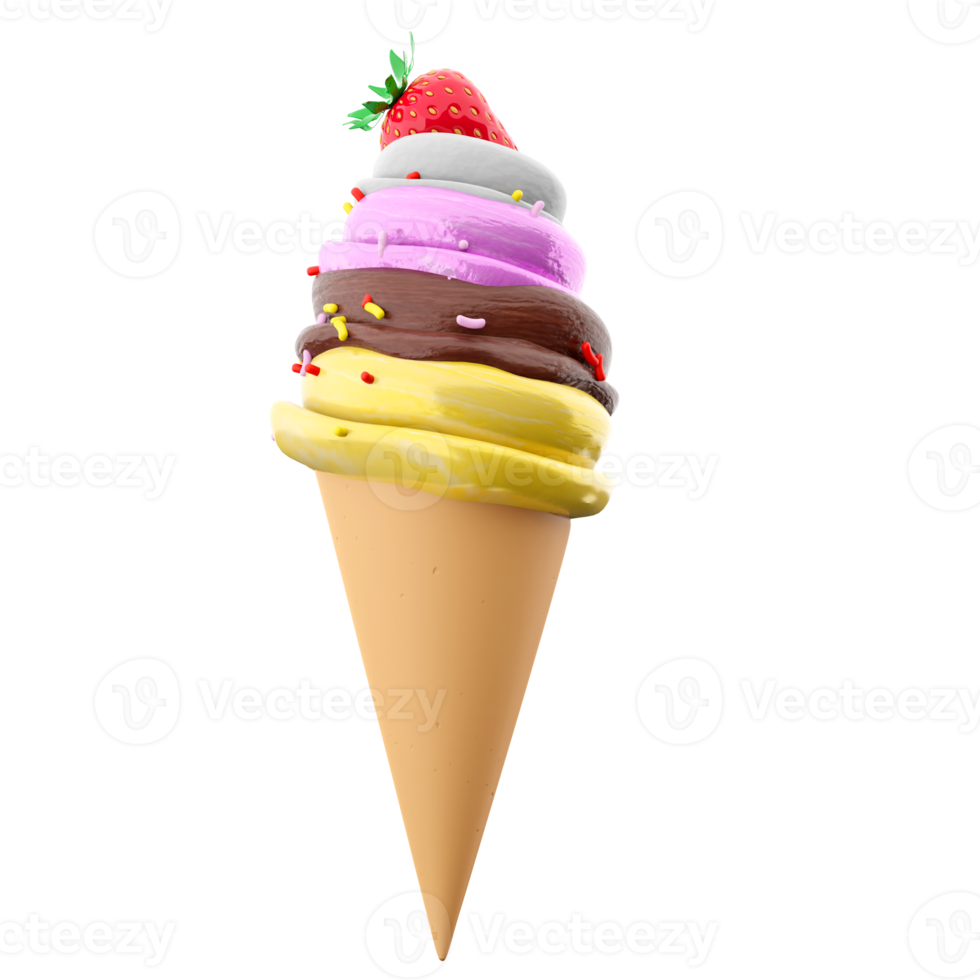 3d rendering cream ice cream with waffle peel and strawberries icon. 3d render Vanilla, chocolate, banana, strawberry flavored ice cream with powder icon. png