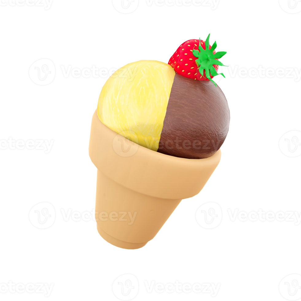 3d rendering three ice cream balls of ice cream with banana, chocolate, raspberry flavor and strawberries on top icon. 3d render sundae ice cream icon. png