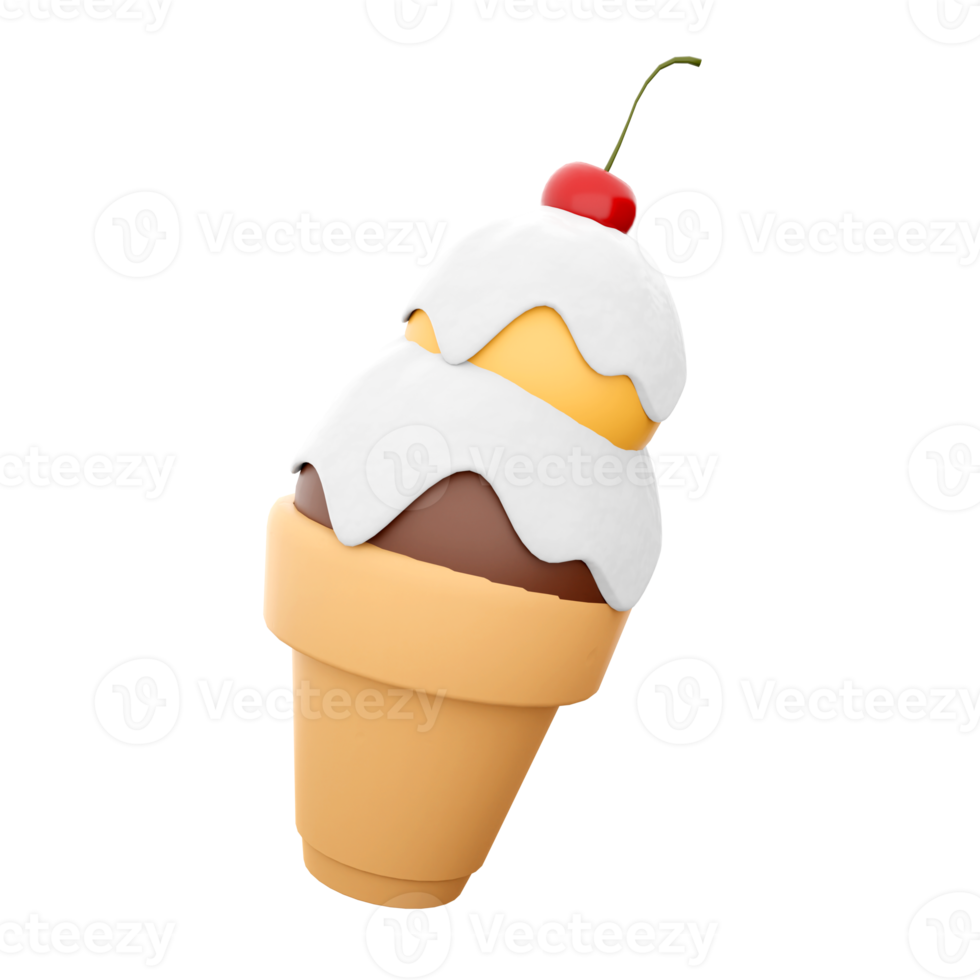 3d rendering ice cream with two balls and a cherry icon. 3d render waffle crust with chocolate and banana ball and milk filling icon. png