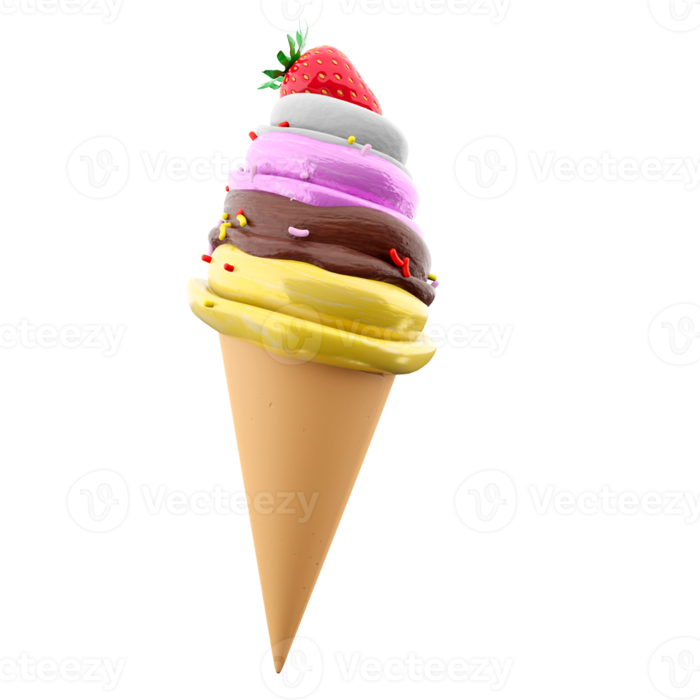 3d rendering cream ice cream with waffle peel and strawberries icon. 3d render Vanilla, chocolate, banana, strawberry flavored ice cream with powder icon. png