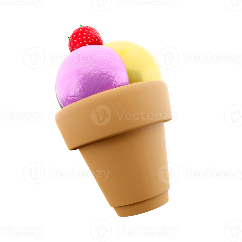 3d rendering three ice cream balls of ice cream with banana, chocolate, raspberry flavor and strawberries on top icon. 3d render sundae ice cream icon. png