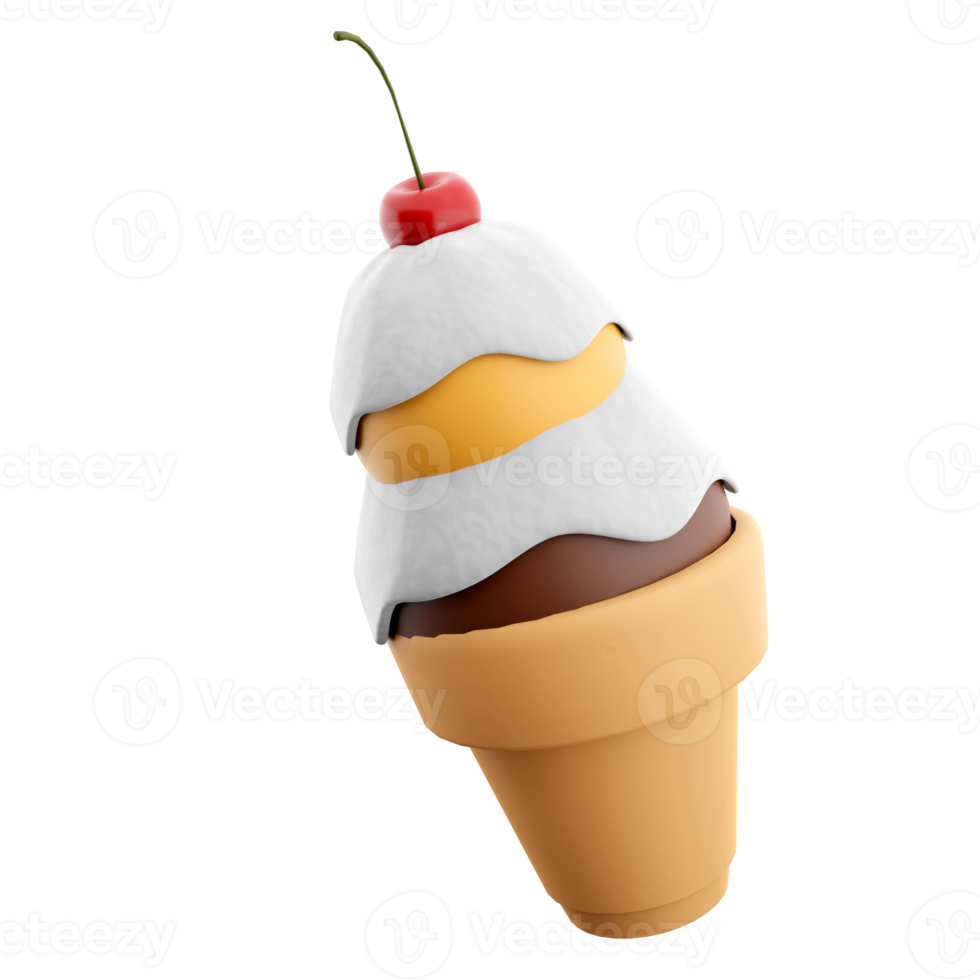 3d rendering ice cream with two balls and a cherry icon. 3d render waffle crust with chocolate and banana ball and milk filling icon. png