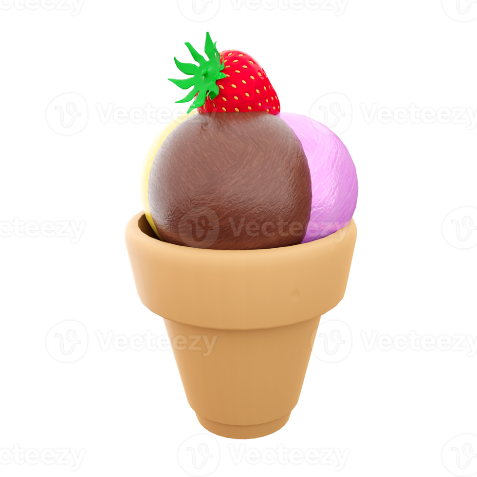 3d rendering three ice cream balls of ice cream with banana, chocolate, raspberry flavor and strawberries on top icon. 3d render sundae ice cream icon. png