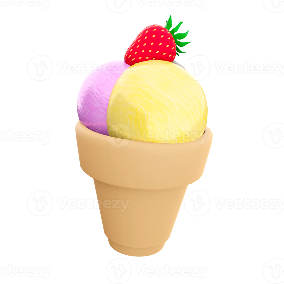 3d rendering three ice cream balls of ice cream with banana, chocolate, raspberry flavor and strawberries on top icon. 3d render sundae ice cream icon. png