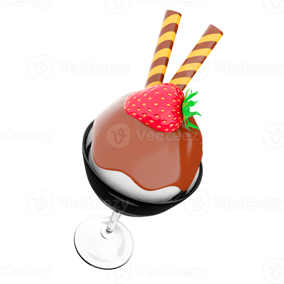 3d rendering ice cream scoop with chocolate topping and strawberries with sticks icon. 3d render ice cream in a glass with vanilla flavor icon. png