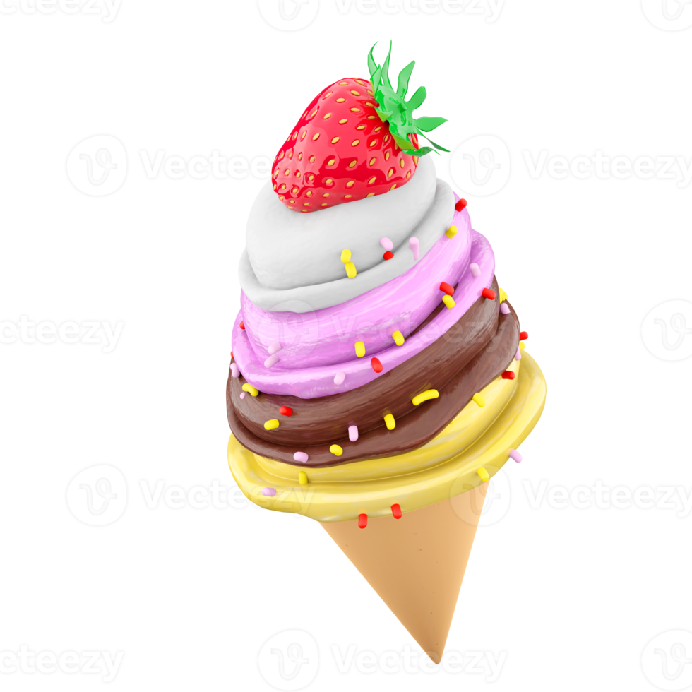 3d rendering cream ice cream with waffle peel and strawberries icon. 3d render Vanilla, chocolate, banana, strawberry flavored ice cream with powder icon. png