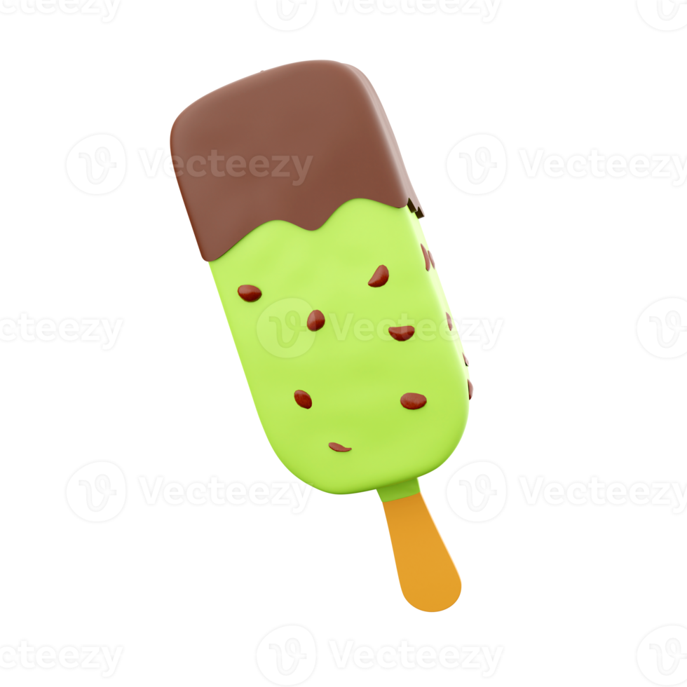 3d rendering summer dessert delicious ice cream icon. 3d render apple popsicle with chocolate filling and nuts icon. png