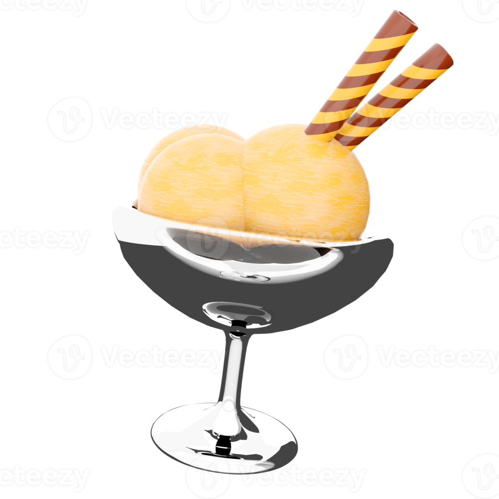 3d rendering four scoops of ice cream in a glass icon. 3d render vanilla ice cream with two waffle sticks icon. png