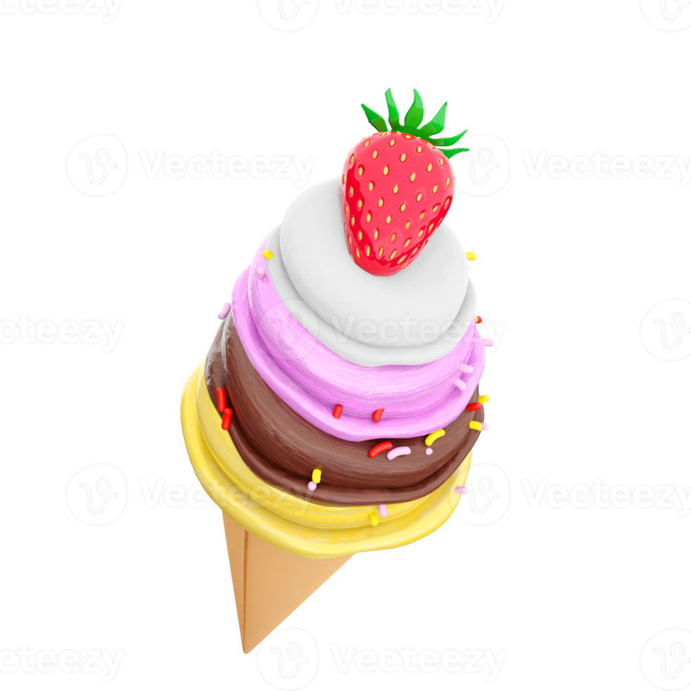 3d rendering cream ice cream with waffle peel and strawberries icon. 3d render Vanilla, chocolate, banana, strawberry flavored ice cream with powder icon. png