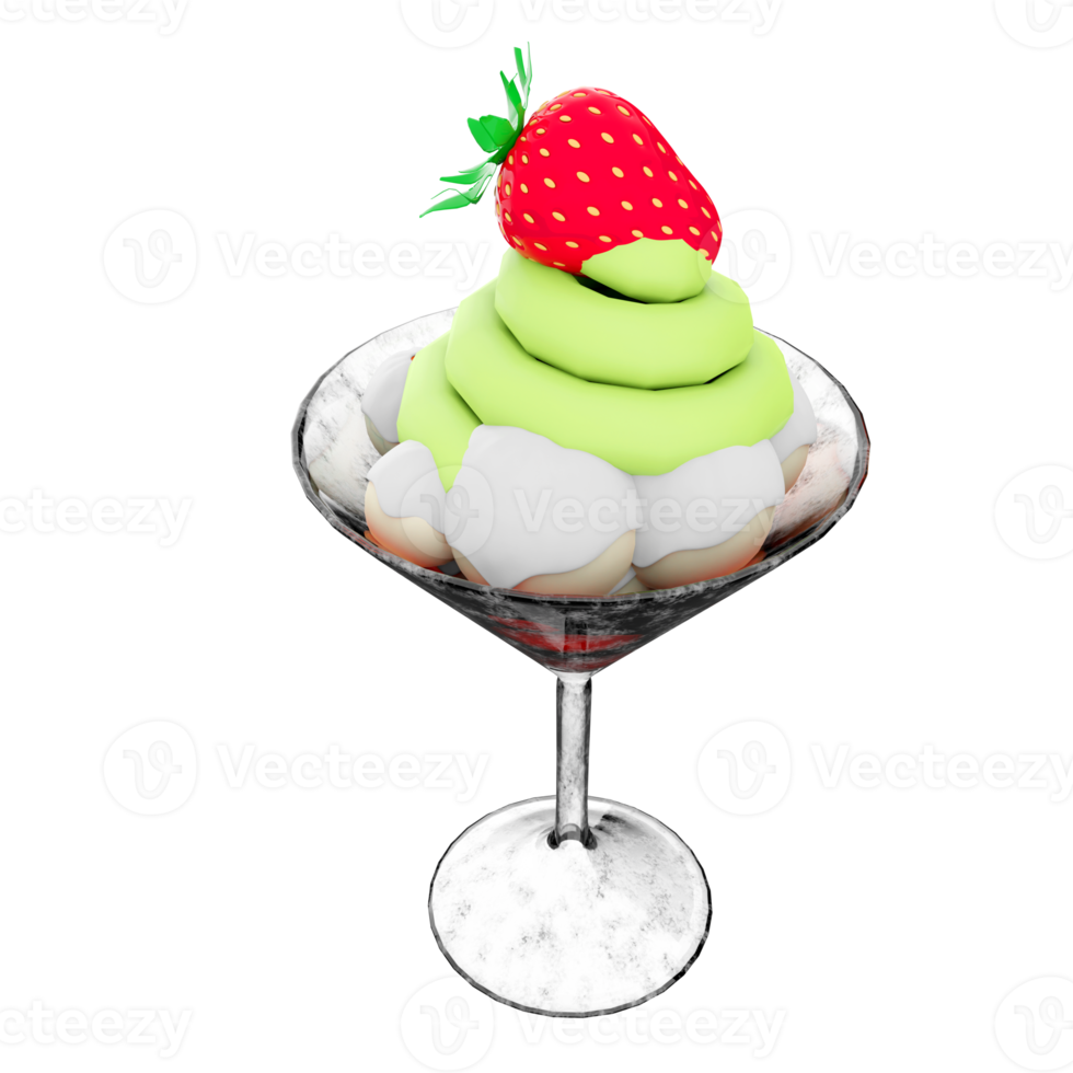 3d rendering ice cream in a glass icon. 3d render apple ice cream with strawberries icon. png