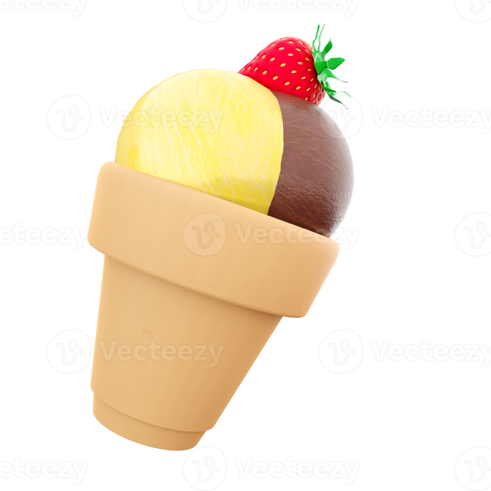 3d rendering three ice cream balls of ice cream with banana, chocolate, raspberry flavor and strawberries on top icon. 3d render sundae ice cream icon. png