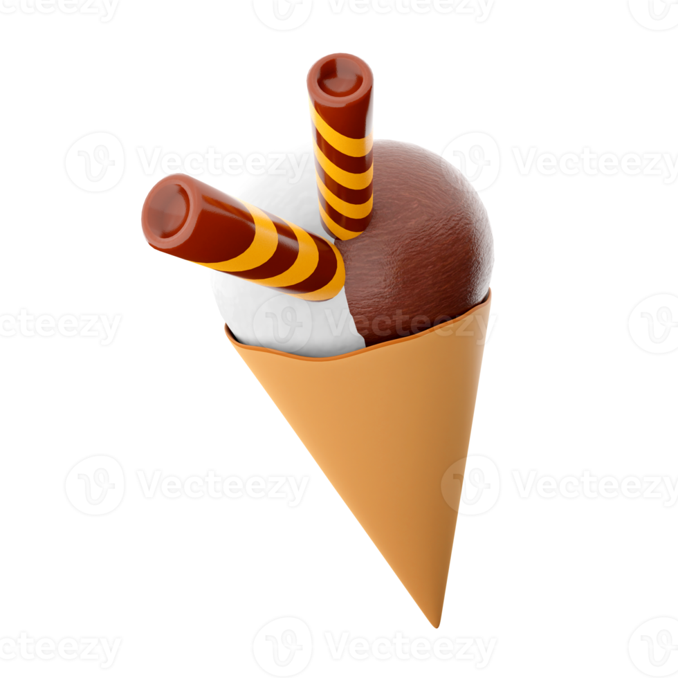 3d rendering ice cream with three scoops and a waffle cone icon. 3d render ice cream with chocolate, banana and milk flavor with two sticks icon. png