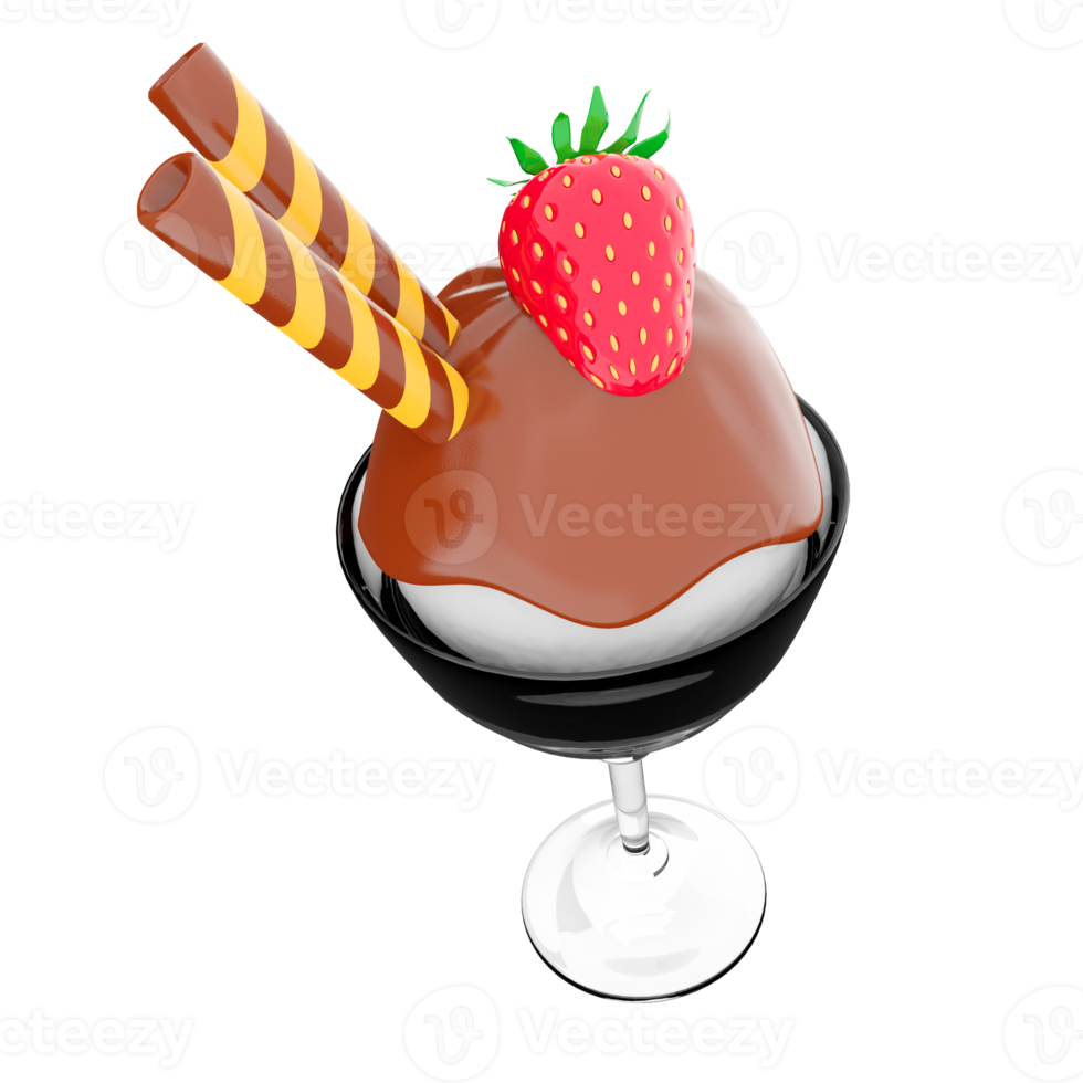 3d rendering ice cream scoop with chocolate topping and strawberries with sticks icon. 3d render ice cream in a glass with vanilla flavor icon. png