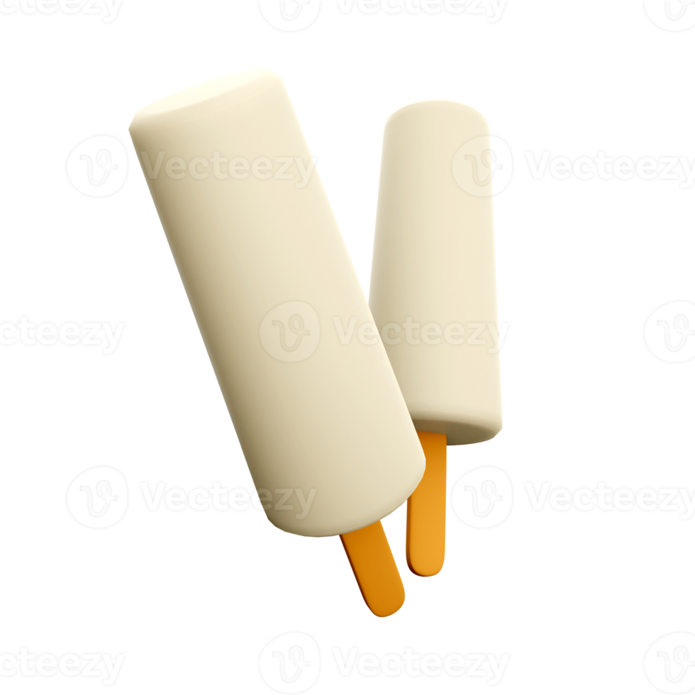3d rendering two vanilla popsicles icon. 3d render two white ice creams with a long mold and a stick icon. png
