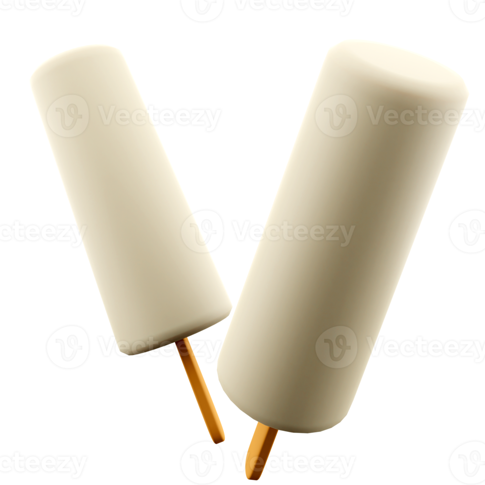 3d rendering two vanilla popsicles icon. 3d render two white ice creams with a long mold and a stick icon. png