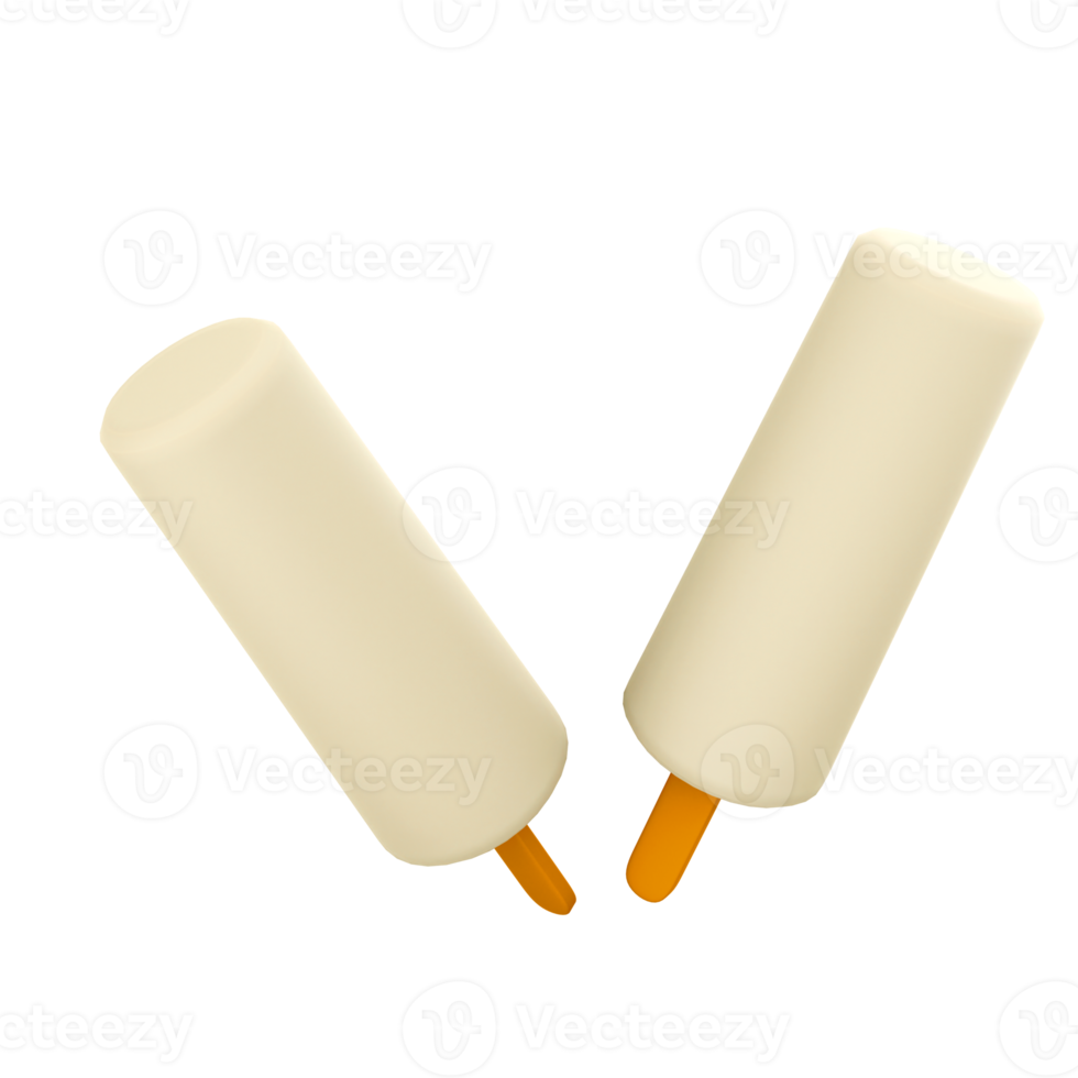 3d rendering two vanilla popsicles icon. 3d render two white ice creams with a long mold and a stick icon. png