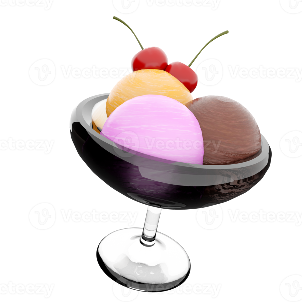 3d rendering three scoops of ice cream in a glass icon. 3d render banana, chocolate and strawberry flavored ice cream with cherry icon. png