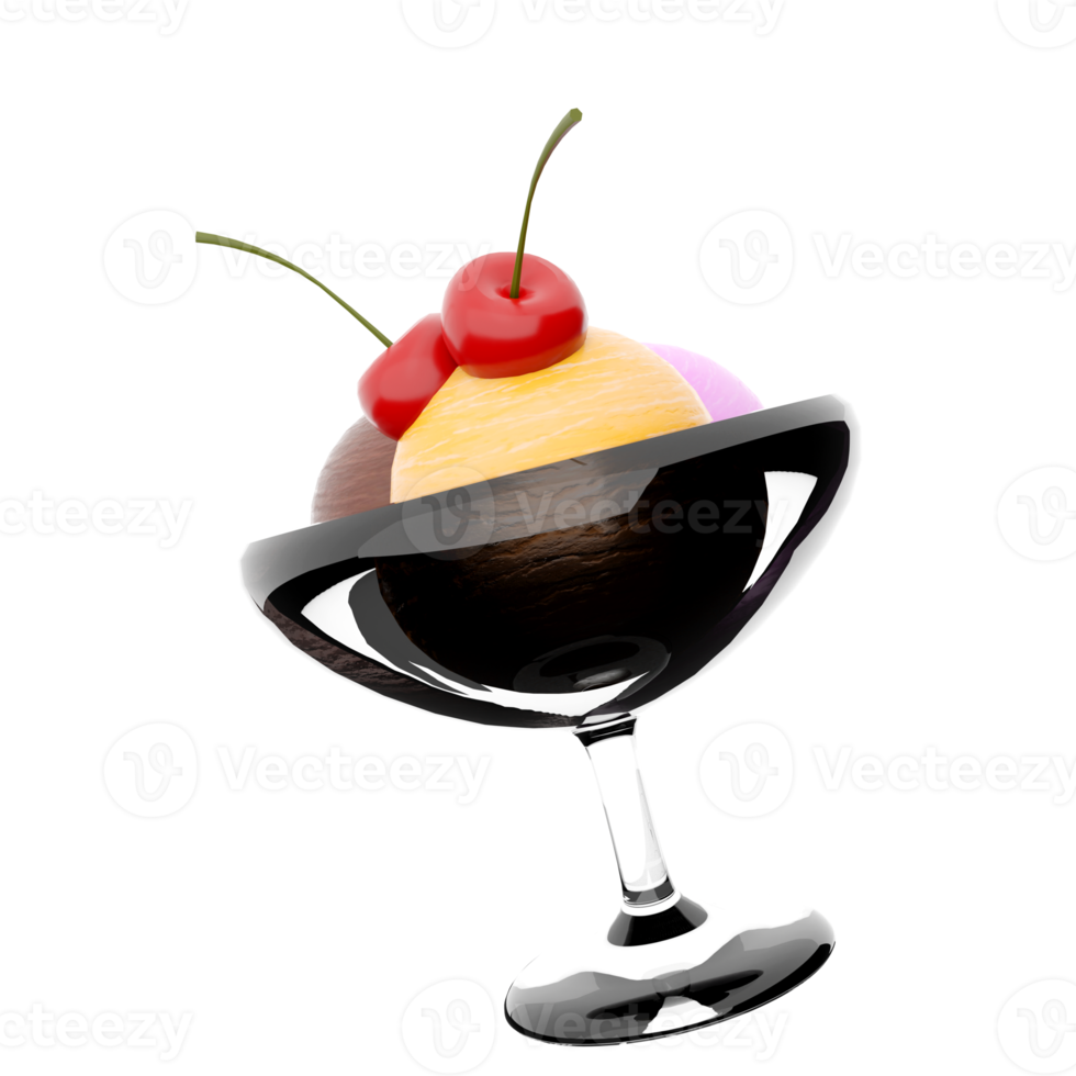 3d rendering three scoops of ice cream in a glass icon. 3d render banana, chocolate and strawberry flavored ice cream with cherry icon. png