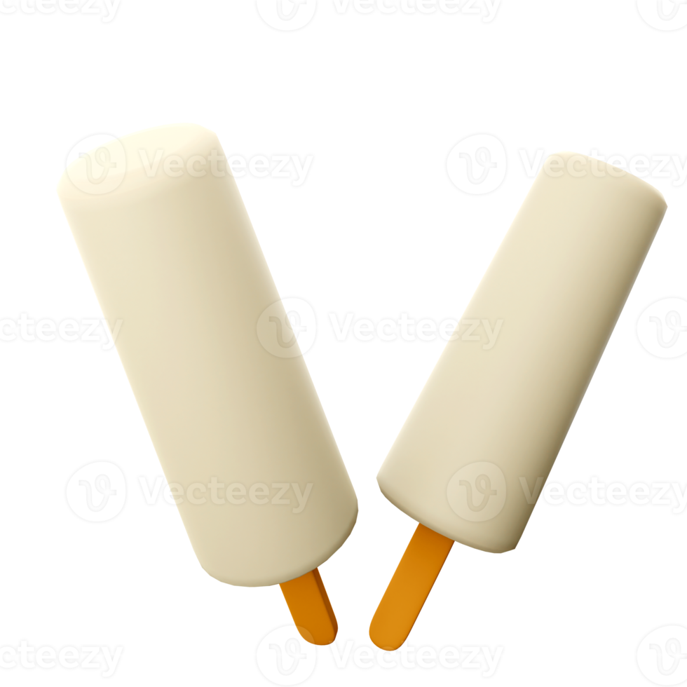 3d rendering two vanilla popsicles icon. 3d render two white ice creams with a long mold and a stick icon. png