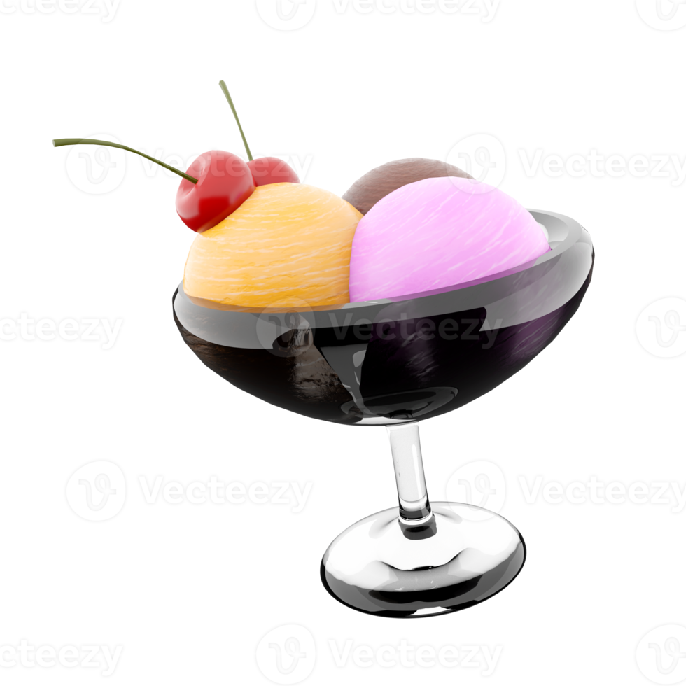 3d rendering three scoops of ice cream in a glass icon. 3d render banana, chocolate and strawberry flavored ice cream with cherry icon. png