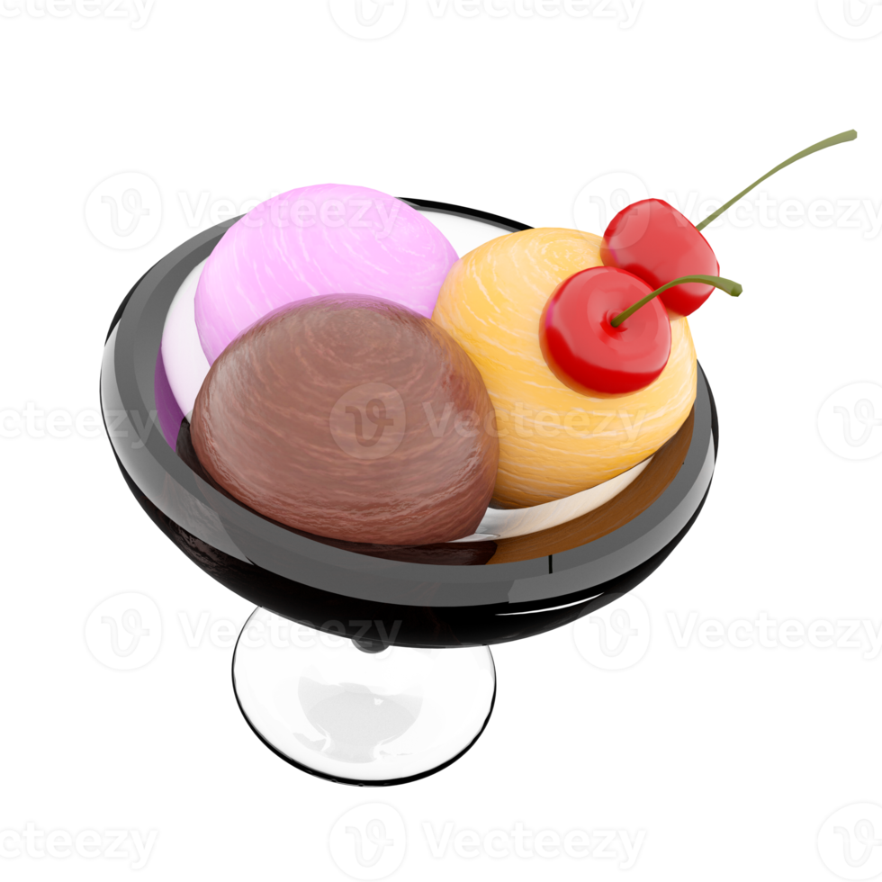 3d rendering three scoops of ice cream in a glass icon. 3d render banana, chocolate and strawberry flavored ice cream with cherry icon. png