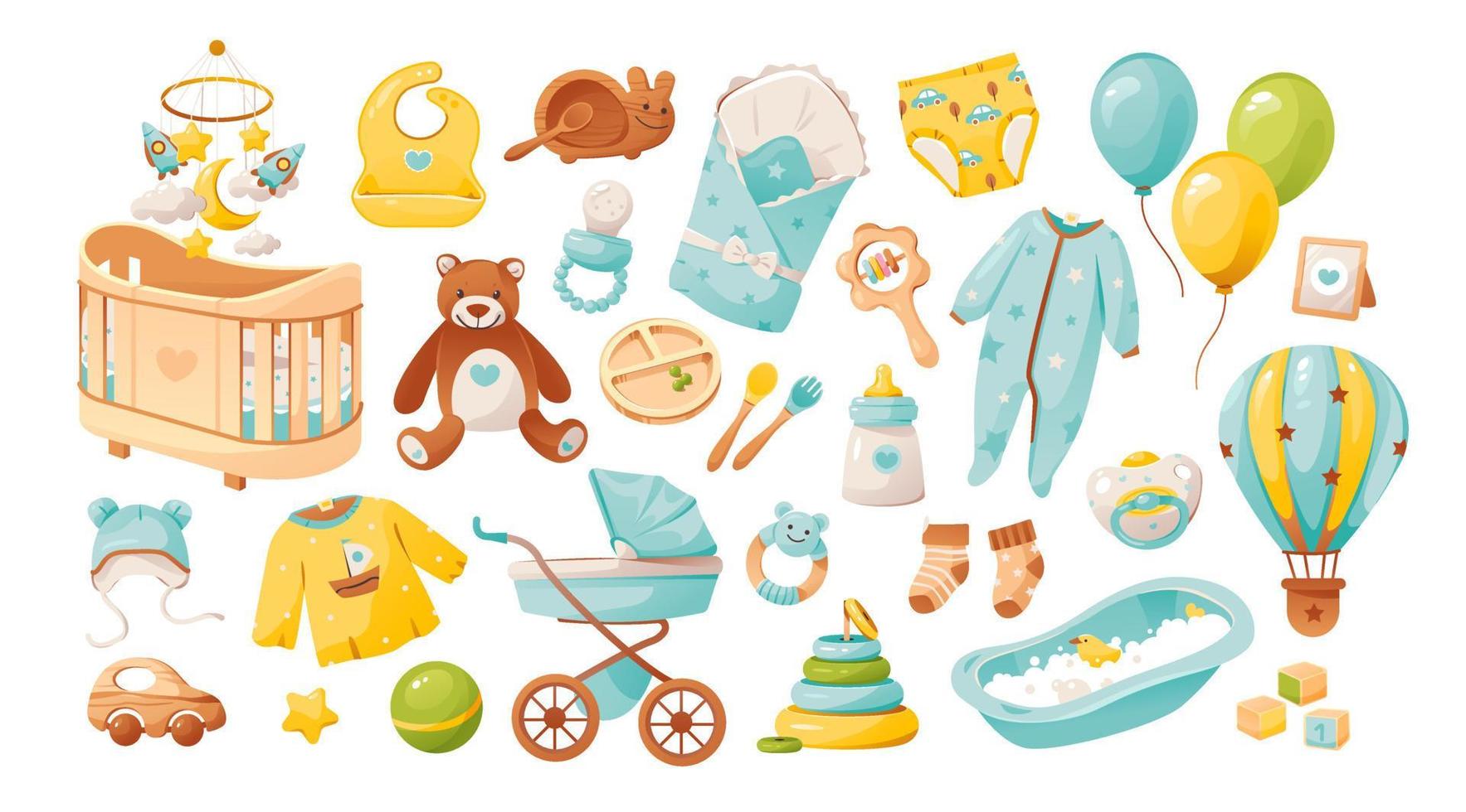 Baby boy shower set. Items for baby care. A set of toys, clothes and furniture for a newborn boy. It's a boy. Cartoon vector illustration.