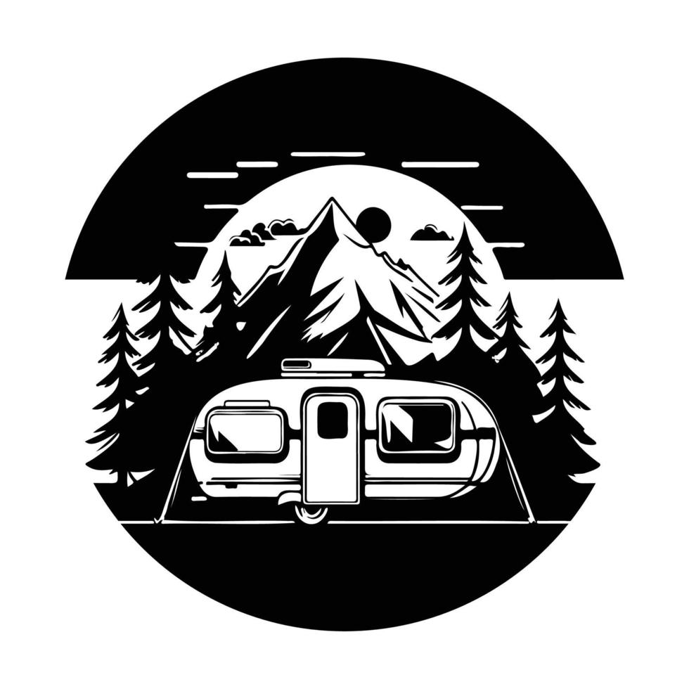 camper camp camping site with mountains and tree, camping in the woods, campsite with trailer landscape in retro style, svg file. vector