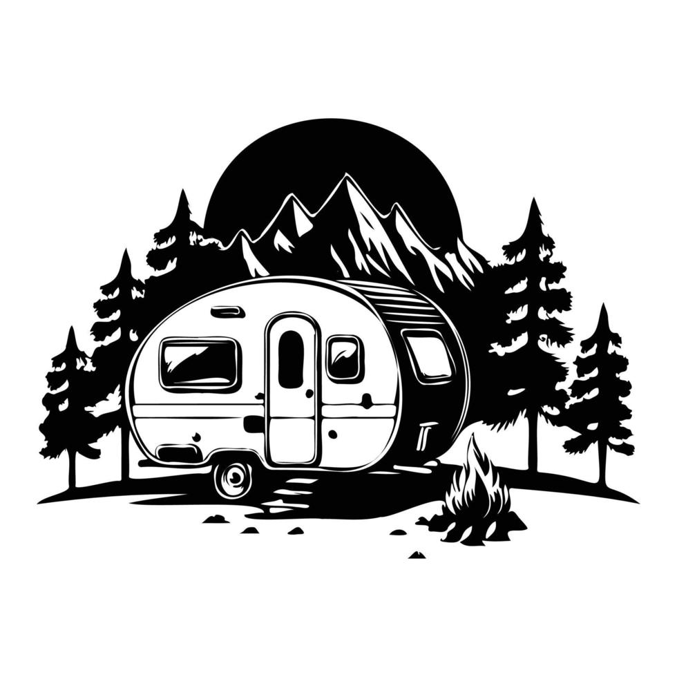 camper camp camping site with mountains and tree, camping in the woods, campsite with trailer landscape in retro style, svg file. vector
