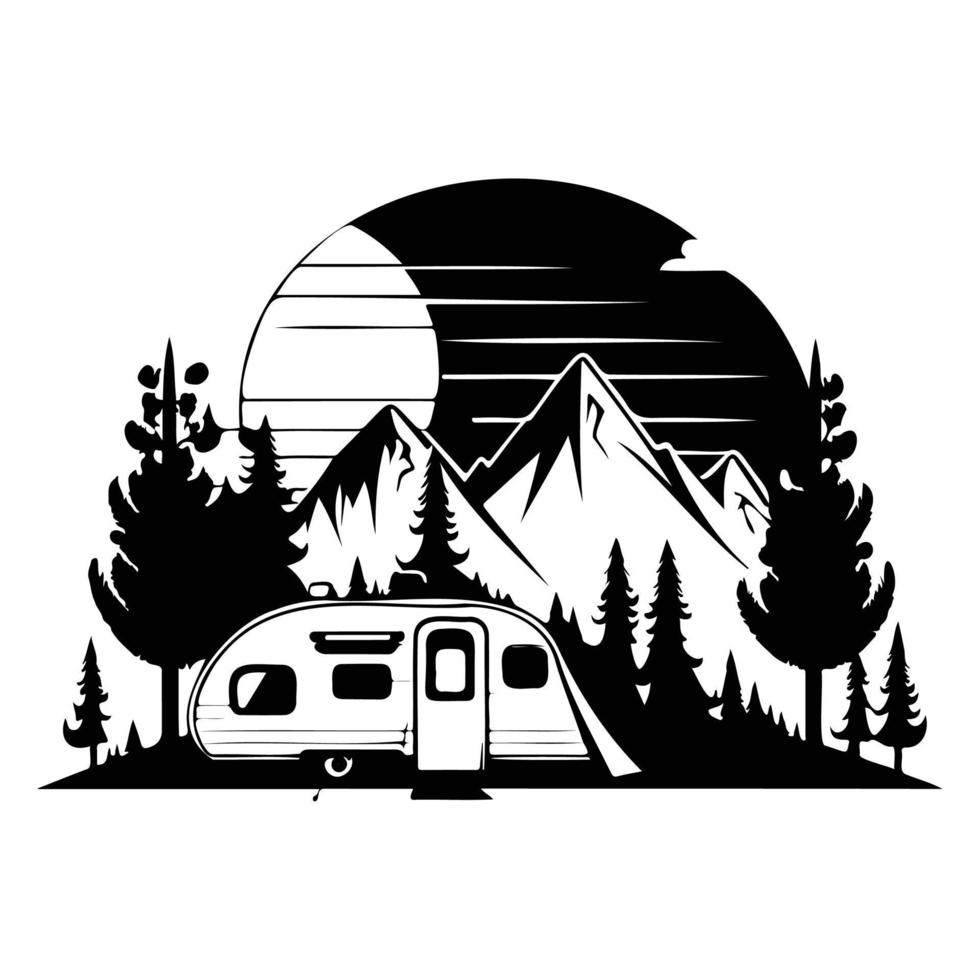 camper camp camping site with mountains and tree, camping in the woods, campsite with trailer landscape in retro style, svg file. vector