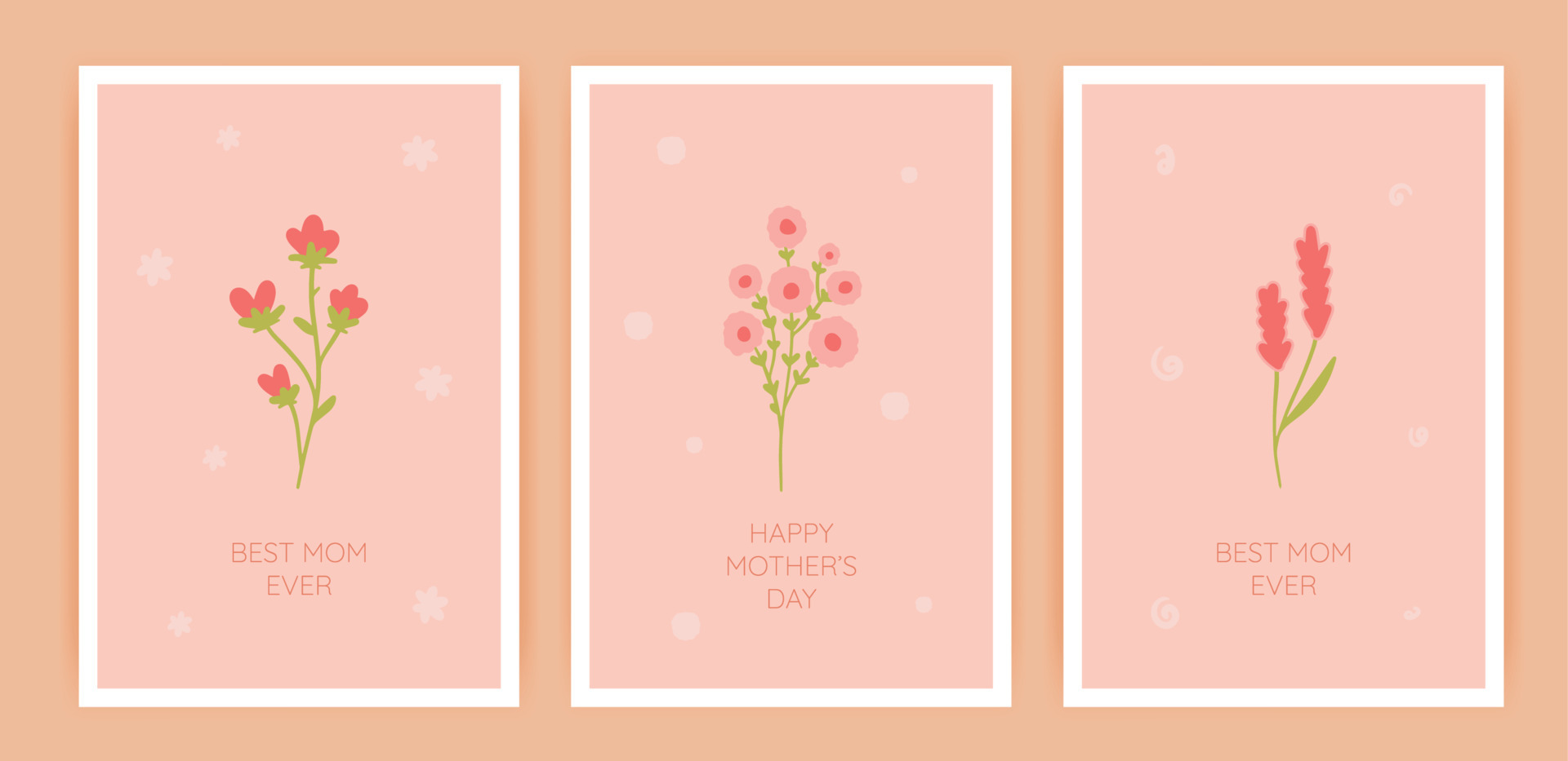 Happy mother's day Greeting Card set with minimalistic flowers. Hand