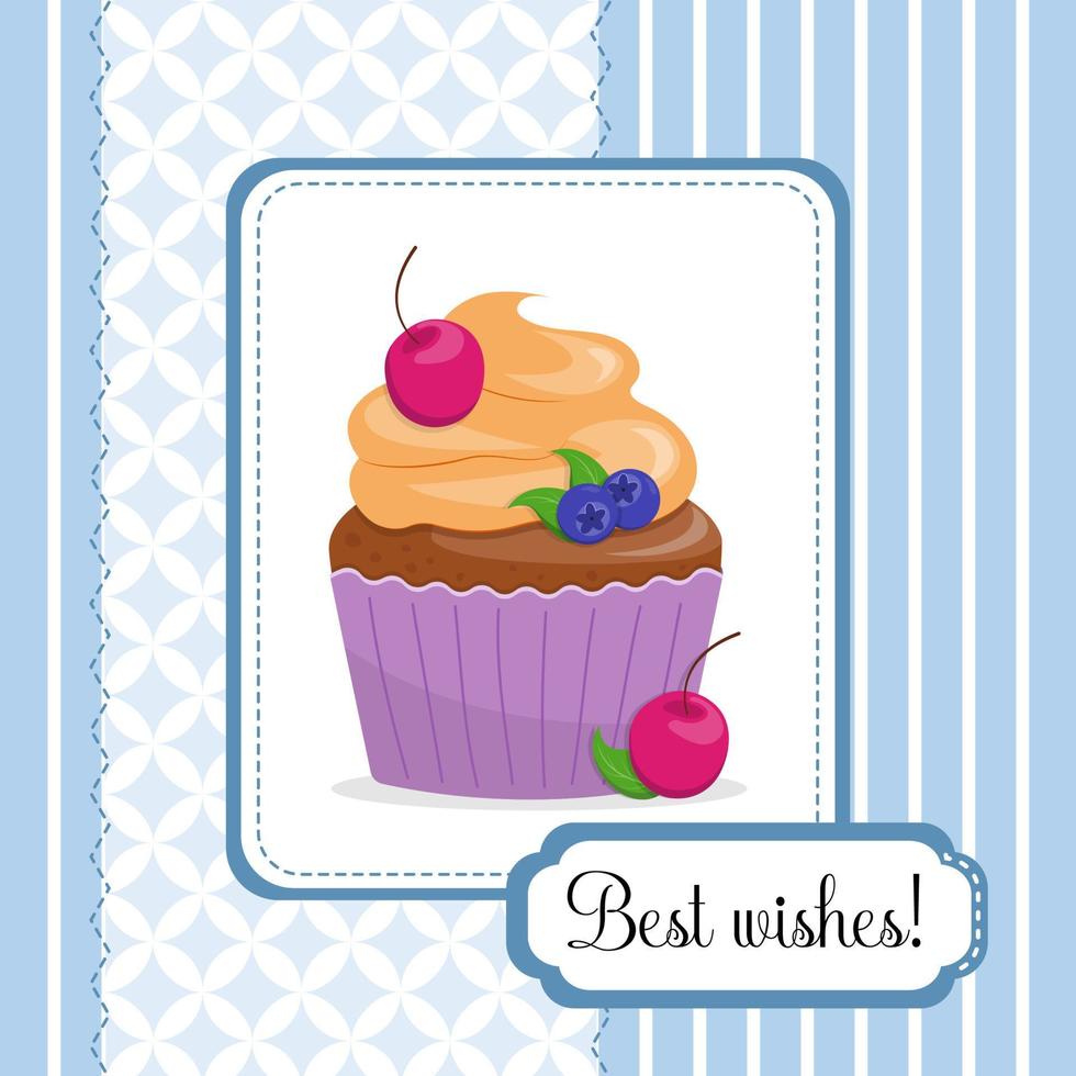 linda contento cumpleaños tarjeta con un magdalena con cerezas y arándanos plano estilo vector ilustración