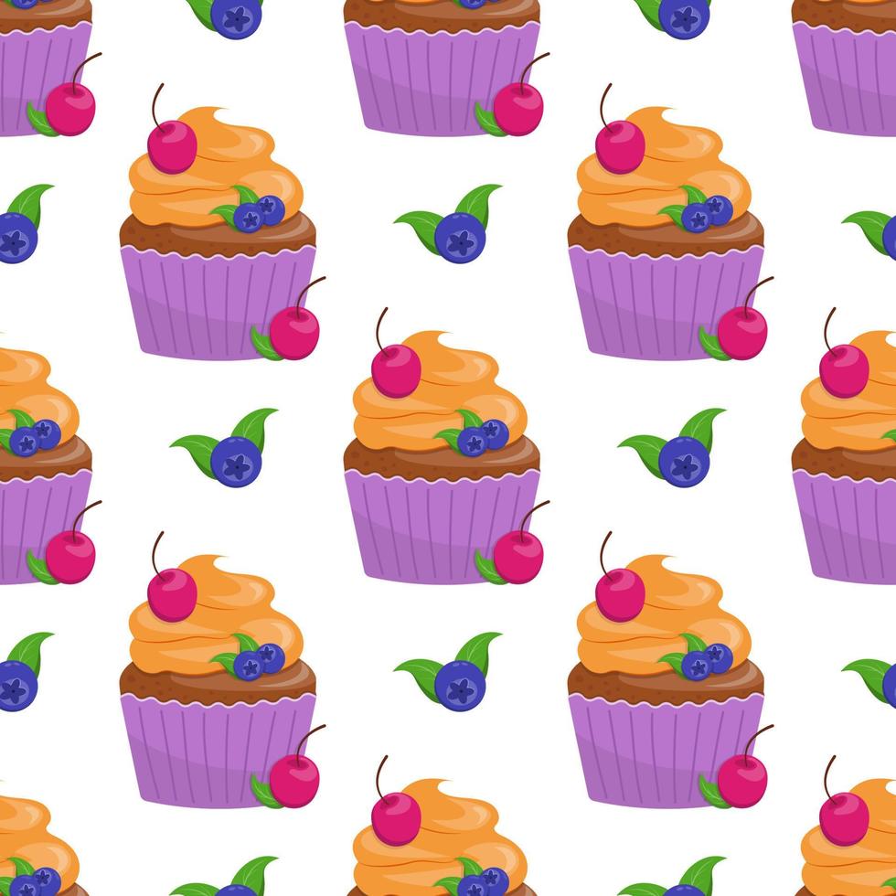 Seamless pattern with different cupcakes on a white background. Sweet pastries decorated with cherry and blueberries. vector