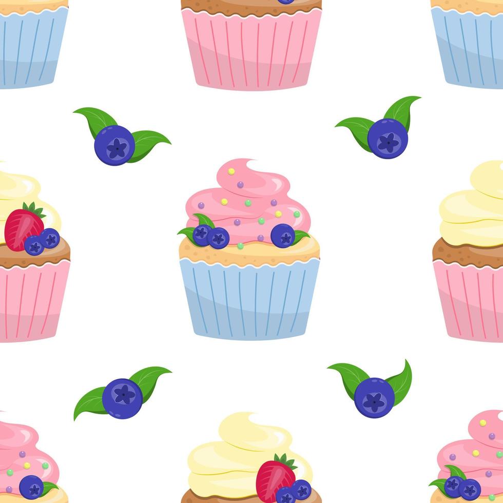 Seamless pattern with different cupcakes on a white background. Sweet pastries decorated with cherry and blueberries. vector