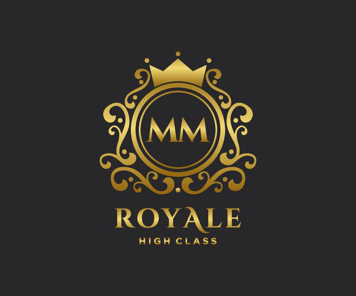 Golden Letter MM template logo Luxury gold letter with crown. Monogram alphabet . Beautiful royal initials letter. vector