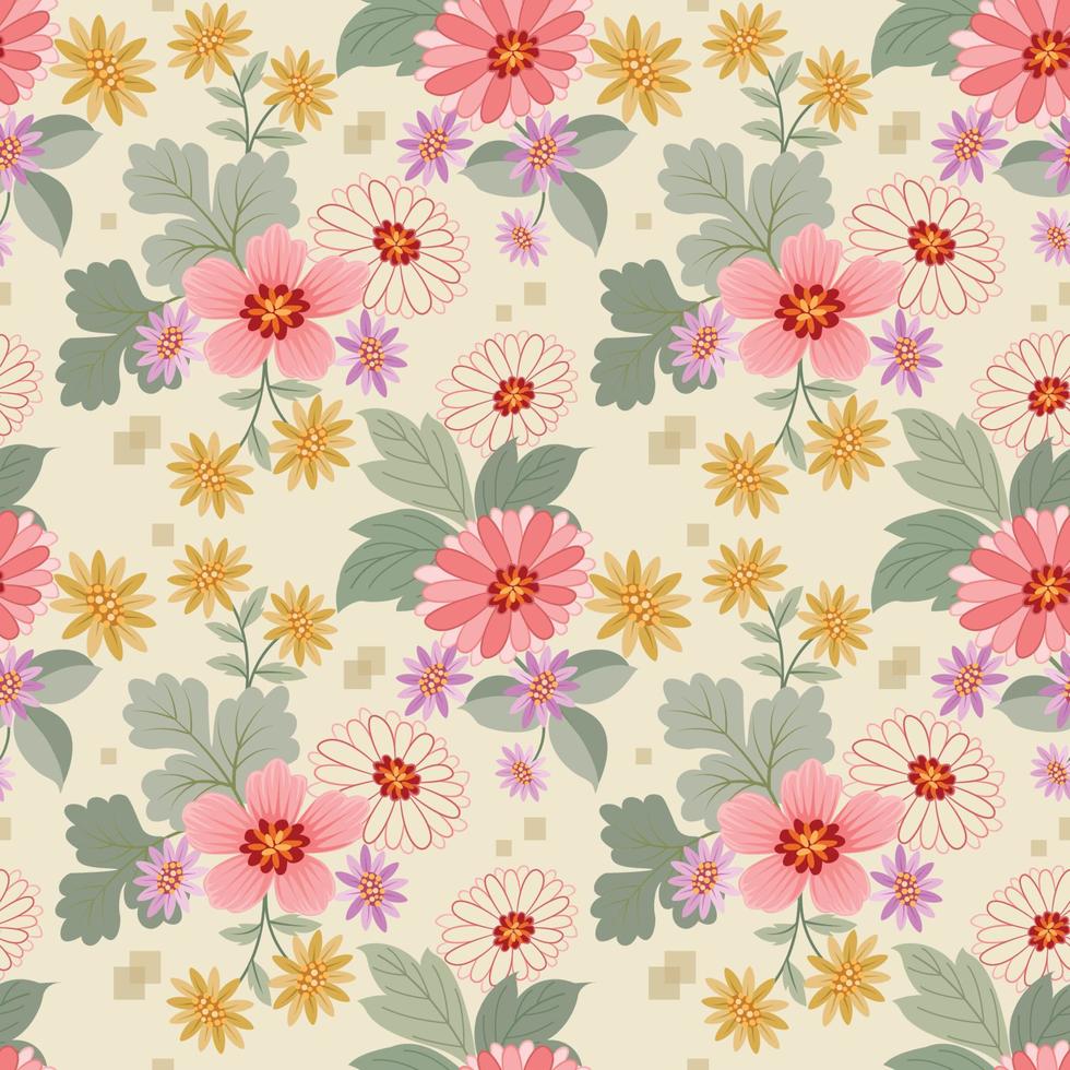 Blooming colorful flowers in seamless pattern. vector
